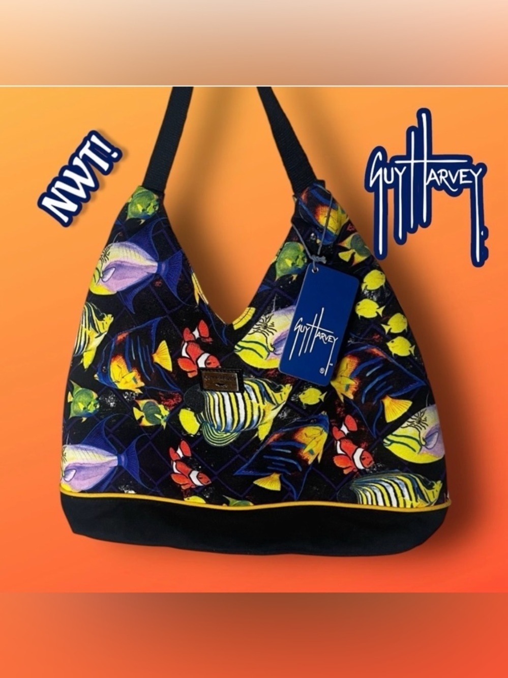 NWT Guy Harvey Tropical Fish Canvas Hobo Tote Bag Black Yellow Neon